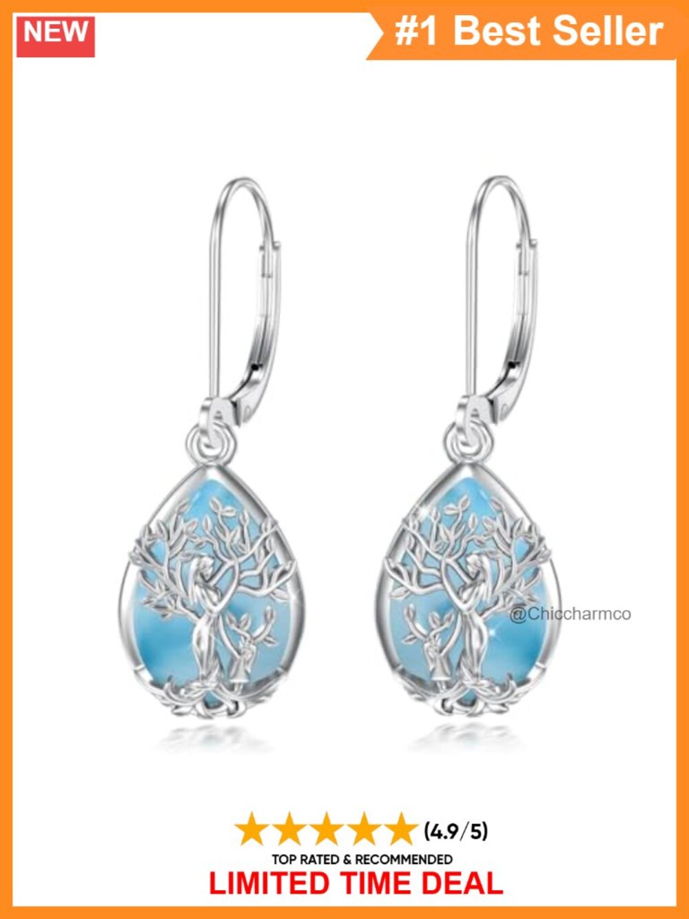 Sterling Silver Tree of Life Teardrop Larimar Dangle Earrings Leverback